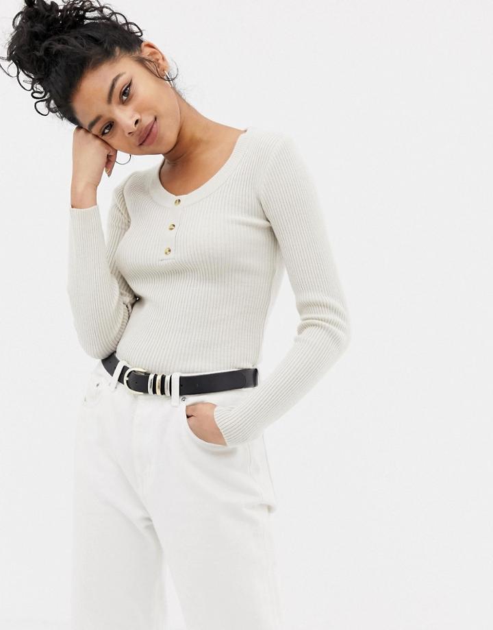 Asos Design Scoop Neck Sweater With Tortoiseshell Buttons - Stone