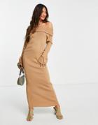 Trendyol Off Shoulder Knitted Dress In Beige-neutral