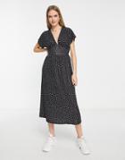 Asos Design Waisted Midi Tea Dress With Buttons In Mono Spot-multi