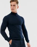 Asos Design Muscle Fit Merino Wool Turtleneck Sweater In Navy