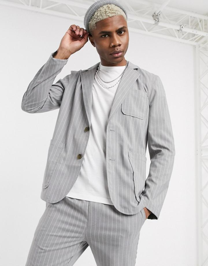 Asos Design Soft Tailored Blazer With Square Pockets In Gray Pinstripe-grey
