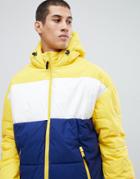 Schott Alaska Hooded Puffer Jacket Color Block Regular Fit In Yellow/blue