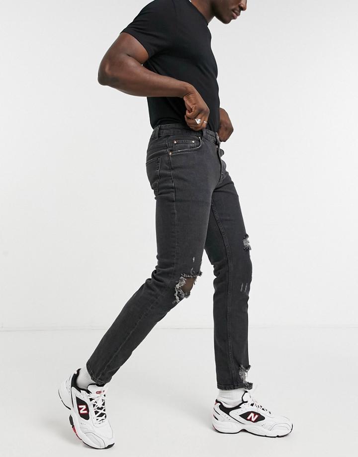 Asos Design Stretch Slim Jeans In Washed Black With Heavy Rips