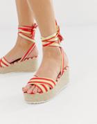 Glamorous Red Striped Tie Up Espadrille Wedge Sandals