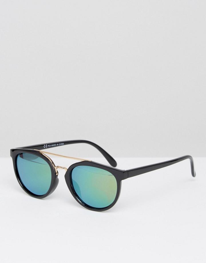Asos Round Polarised Lens Sunglasses With High Bar And Flash Lens - Black