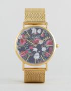 Reclaimed Vintage Floral Print Mesh Watch In Gold - Gold