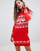 Brave Soul Sweater Dress In Reindeer Fairisle-red