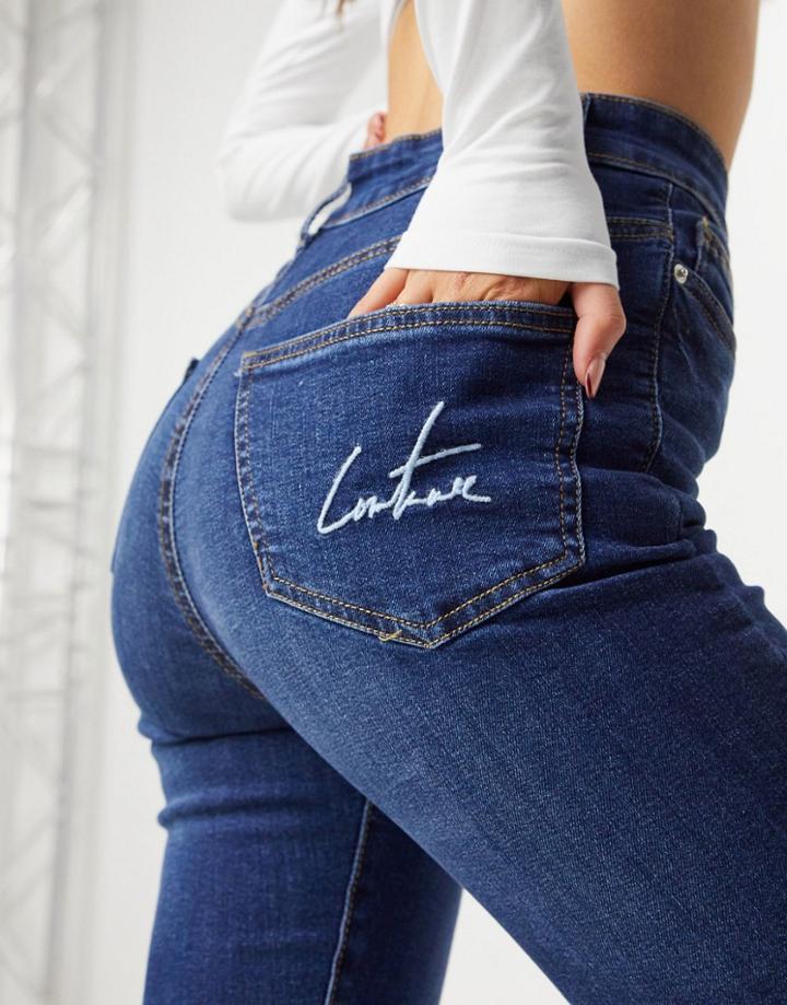The Couture Club Logo High Waisted Skinny Jeans In Ripped Mid Blue-blues