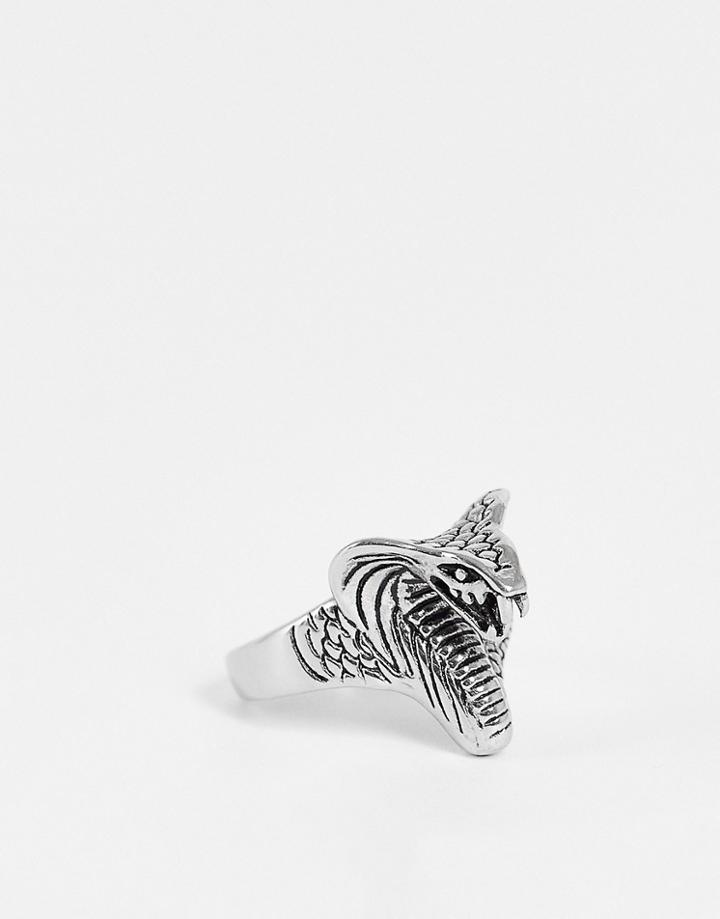 Asos Design Waterproof Stainless Steel Signet Ring With Cobra Head In Silver Tone