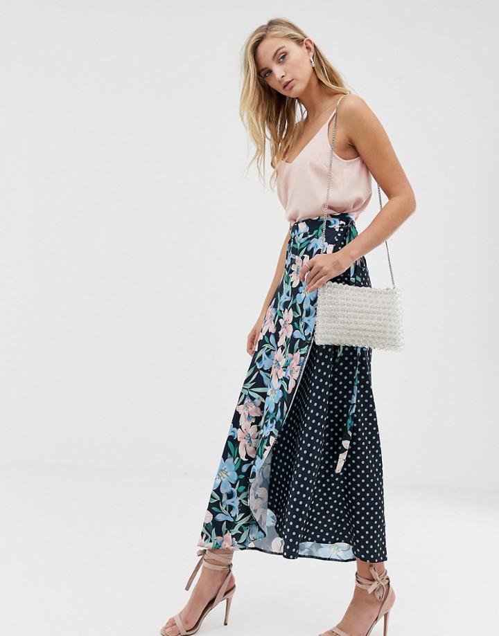 Liquorish Mix And Match Floral And Polka Print Wrap Skirt - Multi