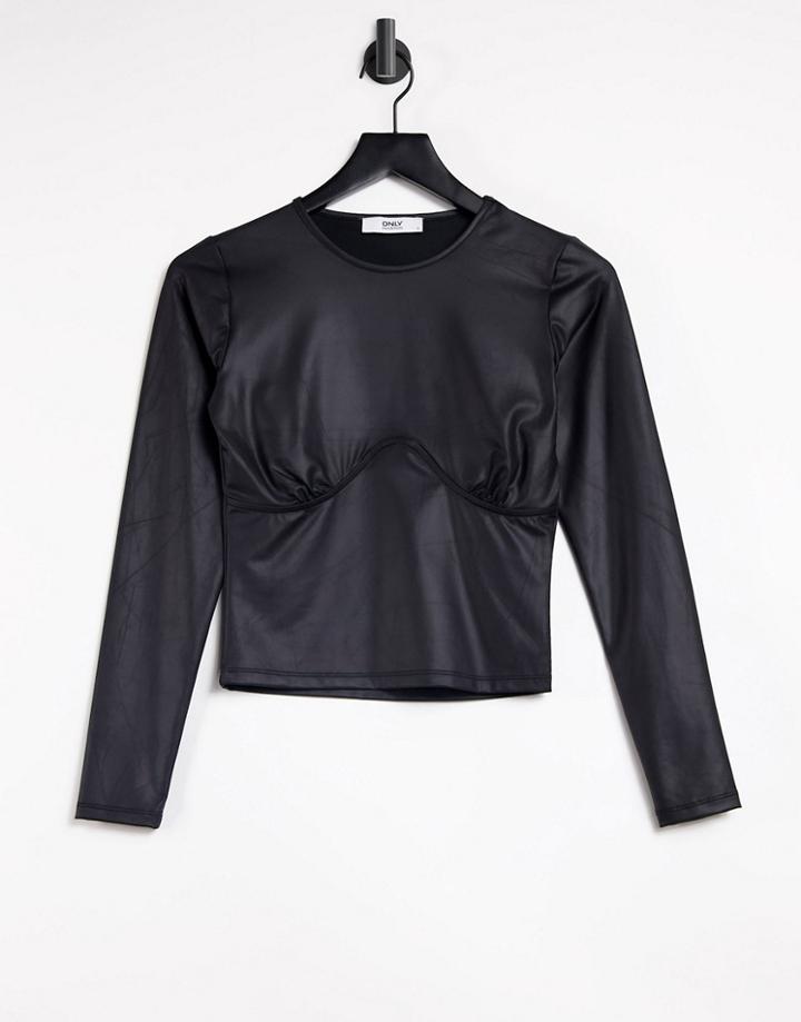 Only Leather Look Top With Seam Detail In Black