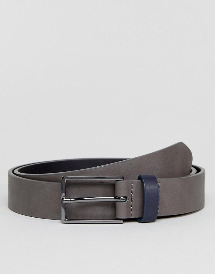 Asos Slim Belt In Gray Faux Leather And Contrast Navy Keeper - Gray