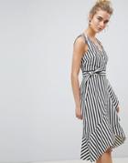 Warehouse Thick Stripe Wrap Ruffle Dress - Cream