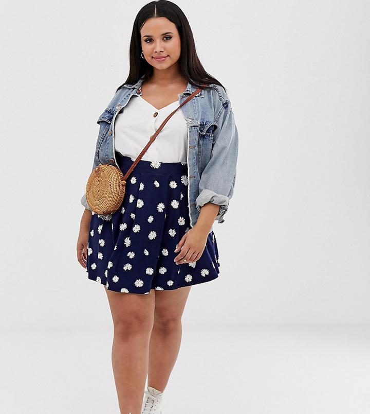 Asos Design Curve Mini Skirt With Box Pleats In Navy Daisy Print - Multi