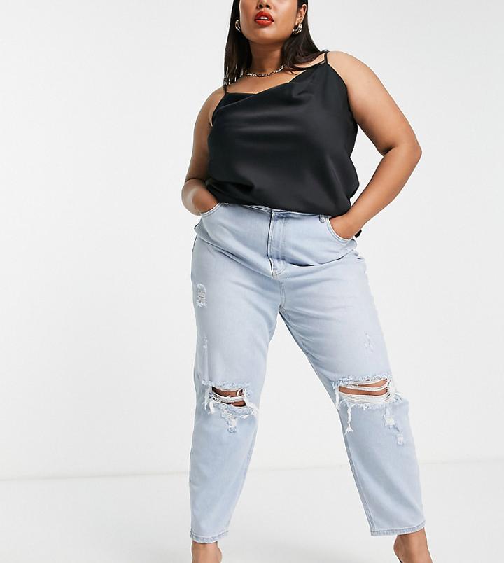 River Island Plus Ripped Knee Mom Jeans In Light Blue-blues