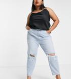 River Island Plus Ripped Knee Mom Jeans In Light Blue-blues