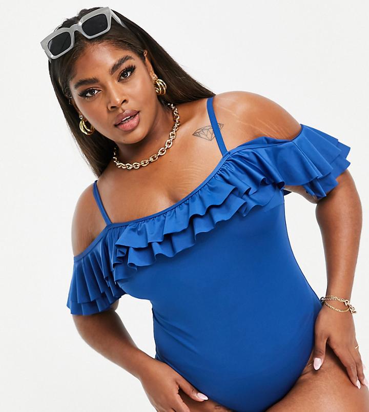 Asos Design Curve Layered Frill Off Shoulder Swimsuit In Navy-blues