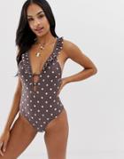 Miss Selfridge Exclusive Swimsuit With Frill In Polka Dot - Brown