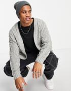 Asos Design Heavyweight Cable Knit Cardigan In Gray-grey