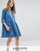 Asos Petite Denim Smock Dress In Midwash Blue - Blue