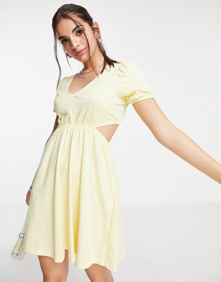 Asos Design Cut Out Back Mini Dress In Pastel Yellow-black