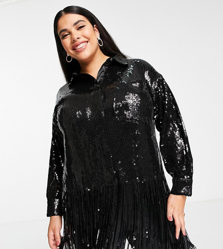 River Island Plus Sequin Embellished Tassel Shirt In Black