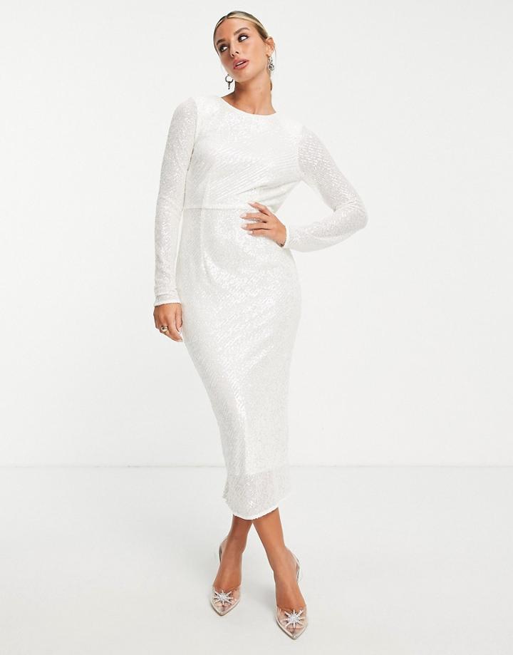 Asos Design Embellished Sequin Pencil Midi Dress-white