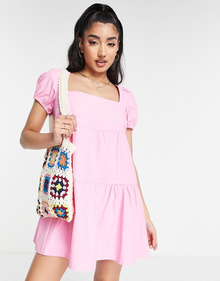 Stradivarius Cotton Smock Mini Dress In Pink