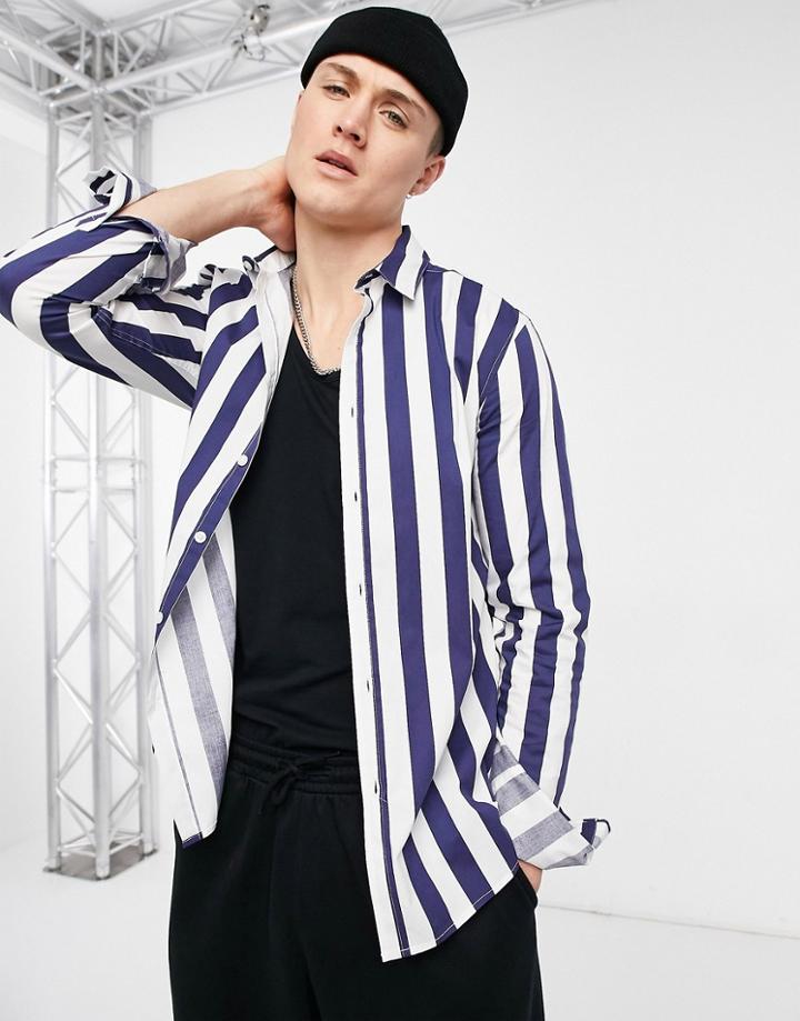 Asos Design Stretch Slim Stripe Shirt In Navy And White