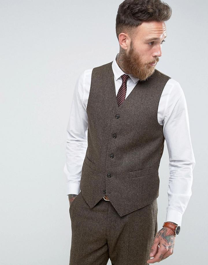 Gianni Feraud Slim Fit Brown Herringbone Vest - Brown