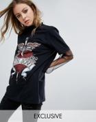 Kiss & Tell Oversized Vintage T-shirt With Bon Jovi Heart Print - Blac