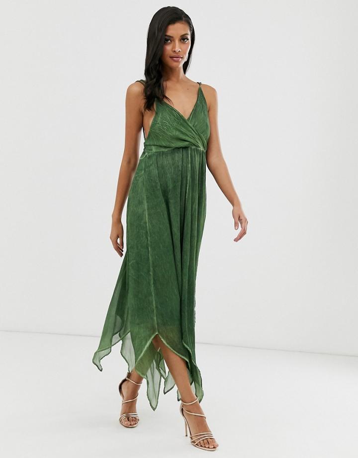 Asos Design Midi Dress In Washed Chiffon With Trimmed Back Detail-green