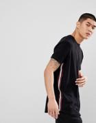 Asos Relaxed Longline T-shirt With Curved Hem And Taping In Towelling In Black - Black