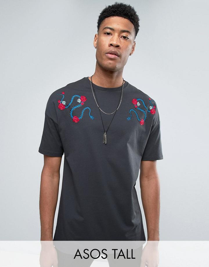 Asos Tall Oversized T-shirt With Snake And Rose Shoulder Embroidery -