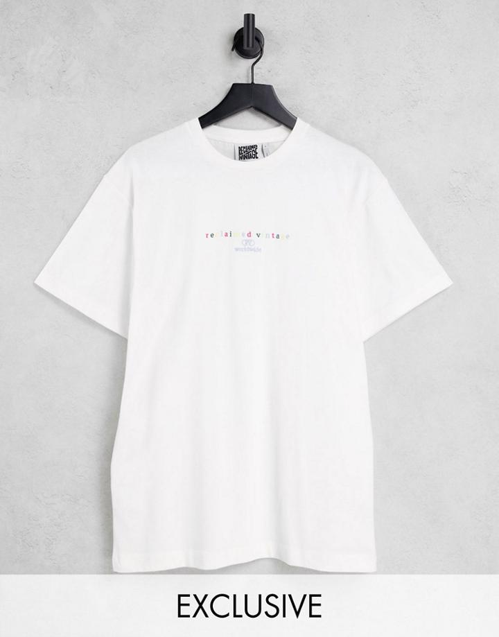 Reclaimed Vintage Inspired Unisex Organic Cotton T-shirt With Rainbow Embroidery In Ecru-white