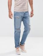 Asos Slim Jeans In Recycled Vintage Mid Wash Blue With Heavy Rips - Blue