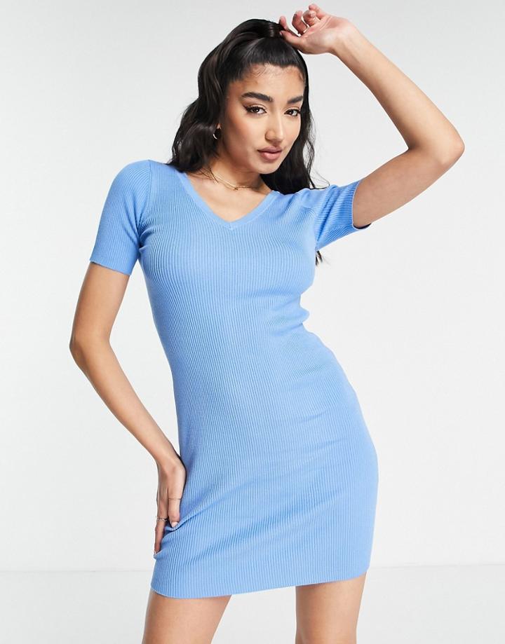 Jdy Ribbed Knit V Neck Mini Dress In Blue
