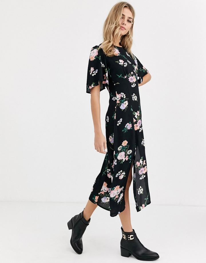 Miss Selfridge Floral Midi Dress In Black
