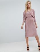 Asos Batwing V-neck Plisse Midi Dress - Pink