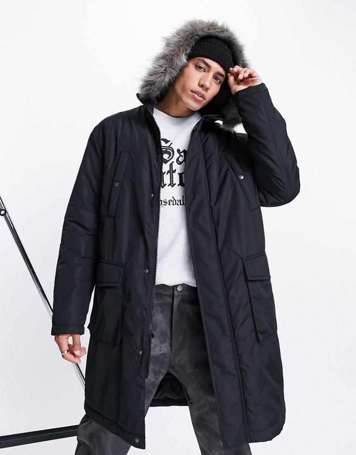 Asos Design Parka Coat In Black With Faux Fur Trim Hood