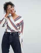 New Look Striped Wrap Tie Side Top - Black