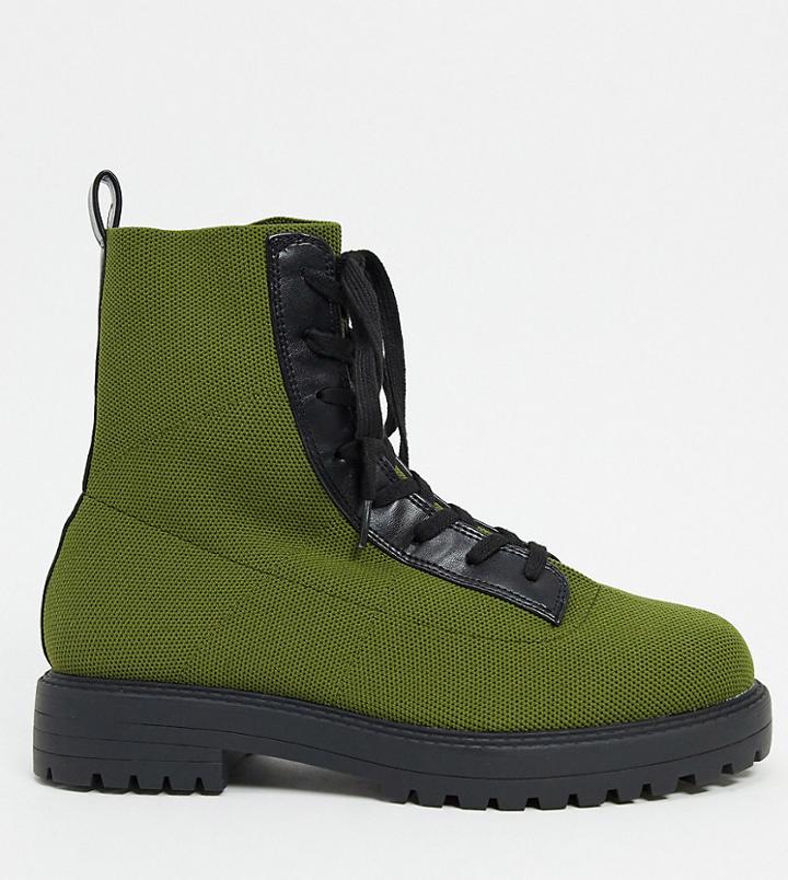 Asos Design Wide Fit Arrow Knit Lace Up Ankle Boots In Green
