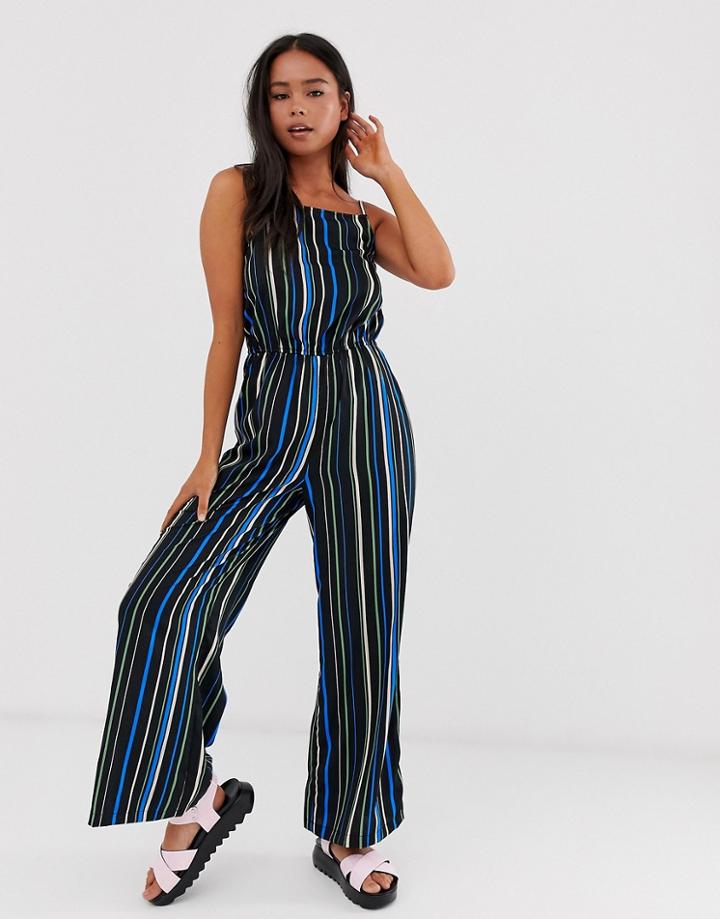 Noisy May Stripe Wide Leg Jumpsuit-navy