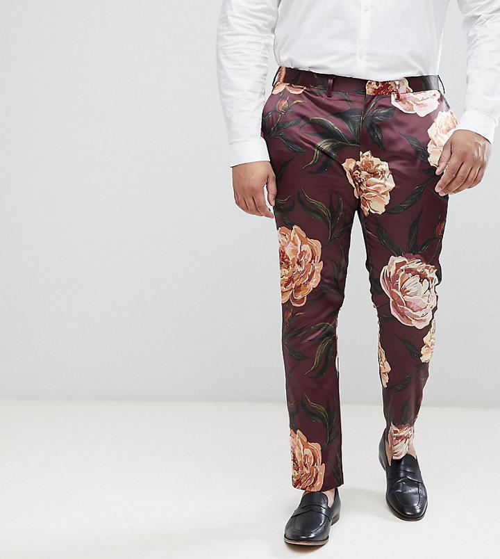 Asos Plus Super Skinny Suit Pants In Burgundy Floral Print - Red