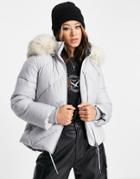 Topshop Padded Jacket With Faux Fur Hood In Gray-grey