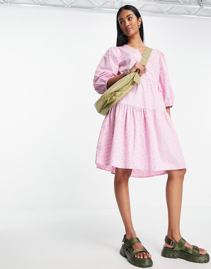 Selected Femme Cotton Wrap Mini Dress With Tiered Skirt In Pink Floral