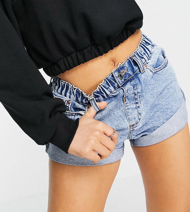 Asos Design Petite Denim High Rise 'original' Mom Shorts In Lightwash-blues
