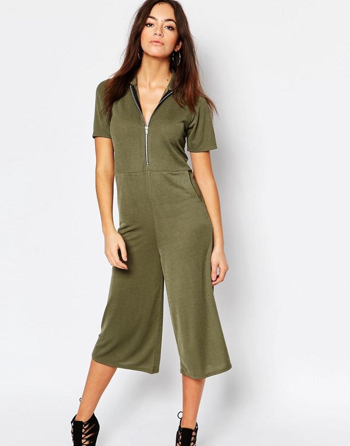 Daisy Street Zip Front Minimal Jumpsuit - Khaki