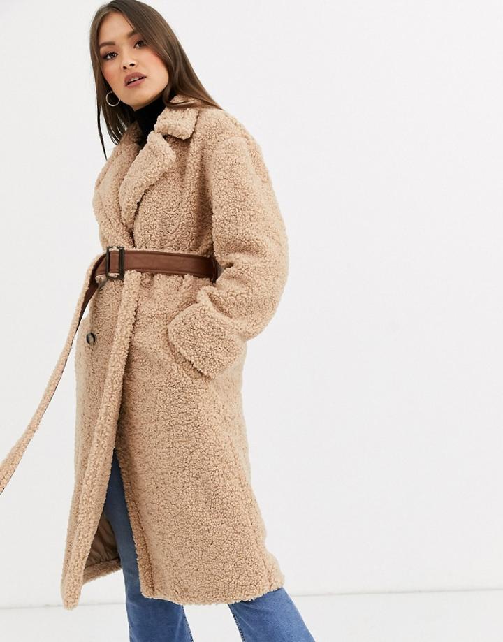 Neon Rose Maxi Coat In Teddy With Faux Leather Belt-beige