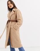 Neon Rose Maxi Coat In Teddy With Faux Leather Belt-beige